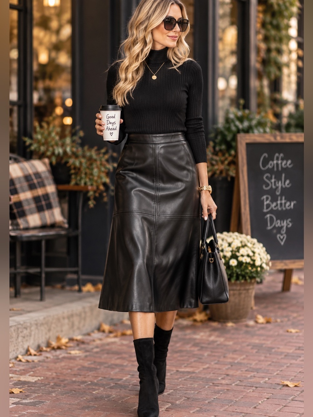 H&M Black Faux Leather Midi Skirt Size 10 A-Line Downtown Girl Edgy
Chic